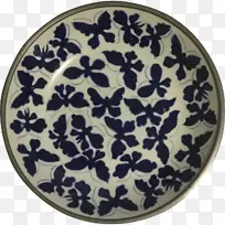 蓝色和白色陶器棕色陶瓷餐具.手绘蝴蝶