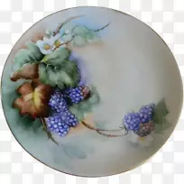 板式陶瓷蓝白陶盘钴蓝绿手绘绿叶花边