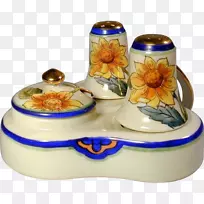 陶瓷坩埚.烤瓷调味盐和胡椒搅拌器.手绘向日葵