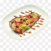 寿司生鱼片混合烤架烤肉串美式炸鸡翅