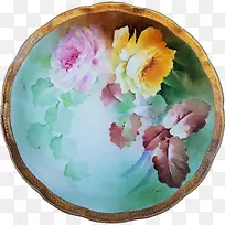 陶瓷板艺术家陶瓷-绿色手绘绿叶花边
