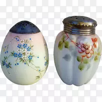 盐和胡椒摇瓶造型缎玻璃19世纪80年代.手绘哈密瓜
