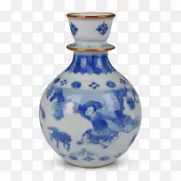蓝白色陶器花瓶陶瓷钴蓝三维抗日胜利
