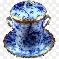 蓝白色陶器陶瓷咖啡杯流动蓝色餐具盘子