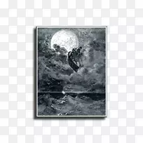一次到月球的航行，一次狂野的穿越夜晚的旅行，画着乌鸦的插画。