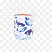 咖啡杯陶瓷杯蓝白色陶器鲸鱼故事