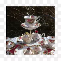 瓷咖啡杯茶陈年乡村玫瑰-蛋糕盘