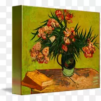 花卉设计静物：夹竹桃花瓶和书籍梵高-海报-梵高