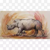 水彩画牛犀牛野生动物绘画