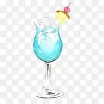 蓝色夏威夷果汁鸡尾酒水彩画蓝色泻湖果汁