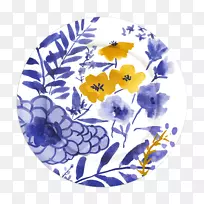 钴蓝和白陶器开花植物瓷.蓝色水彩蝴蝶