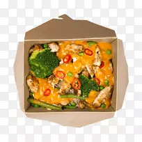 素食海鲜和鸡肉盒，玉米片，鸡肉作为食物-菜单