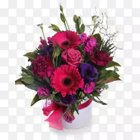 花园玫瑰，花卉设计，切花，花束，超凡百叶，雏菊，粉红色和紫色的花。