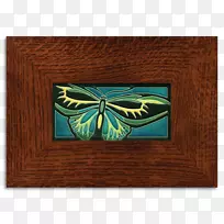 矩形Motawi Tileworks画框人字形接头绿松石蝴蝶