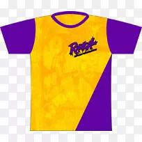 T恤，紫色，黄色标志，蓝色-紫色和金色