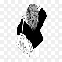 黑白素描-短发女孩