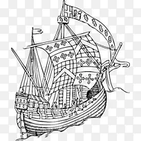 15世纪关于船舶的一切：有四个彩色的车牌和大量的图画和照片，剪贴画，帆船。