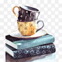 咖啡杯咖啡厅茶杯水彩画-咖啡
