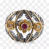 耳环，红宝石，电气石-黄金和宝石花环与钻石