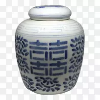陶瓷蓝白色陶器钴蓝瓮双幸福罐