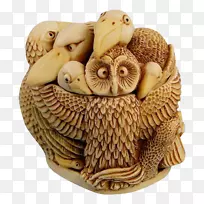 灰猫，乌鸦和南瓜网壳艺术猫头鹰-木雕柱石工具