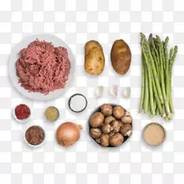 素食菜肴，索尔兹伯里牛排，炸薯条，根菜配方-搅拌机，大蒜剥皮机