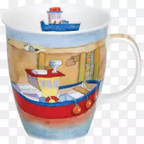 浮在蓝色尼维斯的邓恩船形成了咖啡杯，邓恩杯，邓农尼维斯农场拖拉机，蓝杯子