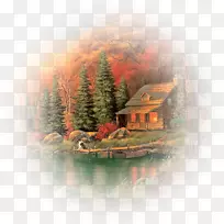 绘画艺术秋景木屋画