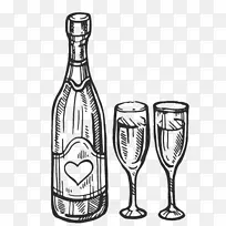 香槟玻璃瓶描绘葡萄酒.香槟酒