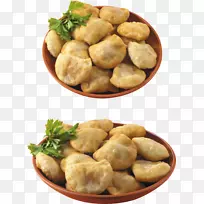中式土豆泥饺子、菜、炸薯条-粽子、饺子