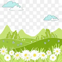 绿色草地花丛风景矢量图