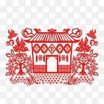 红色中国风剪纸小屋