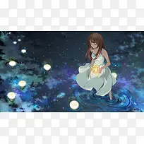湖上放花灯的女孩动漫海报背景