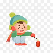 卡通手绘放鞭炮的小男孩