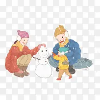 手绘水彩人物插图一家人堆雪人插