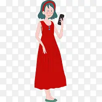 红裙子玩手机女孩