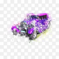 紫色创意彩绘汽车高清免抠手绘彩