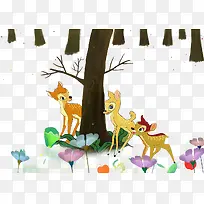 免抠卡通手绘森林里的动物树木花
