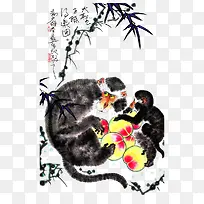 中国风水墨画猴子抱水果设计免抠