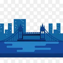 矢量手绘创意蓝色大桥建筑物