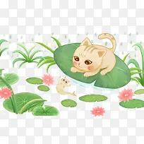 免抠卡通手绘趴着荷叶上的猫咪