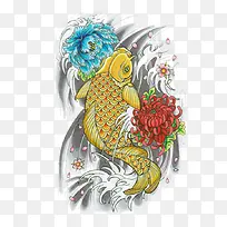 手绘菊花和金鲤鱼