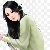 绿衣斜视女子古风立绘