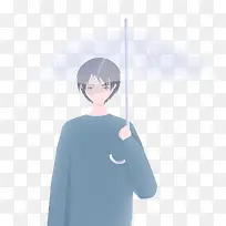 手绘卡通文艺风漫画男生撑着伞
