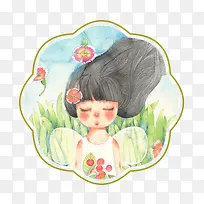 卡通可爱小女孩花瓣印章头像矢量