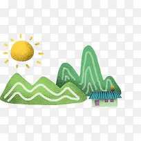 水彩草地河流卡通插画