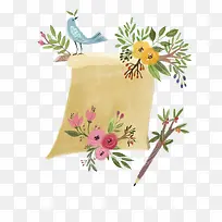 手绘水彩花鸟装饰纸质边框
