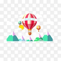 扁平化雪山上空的旅行热气球