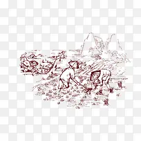 手绘素描农民插秧背景