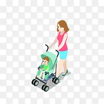 卡通手绘推着婴儿车的女人